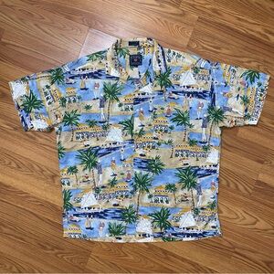 Vintage Chaps Ralph Lauren Beach Scene Print Hawaiian Shirt XL Tropical Floral